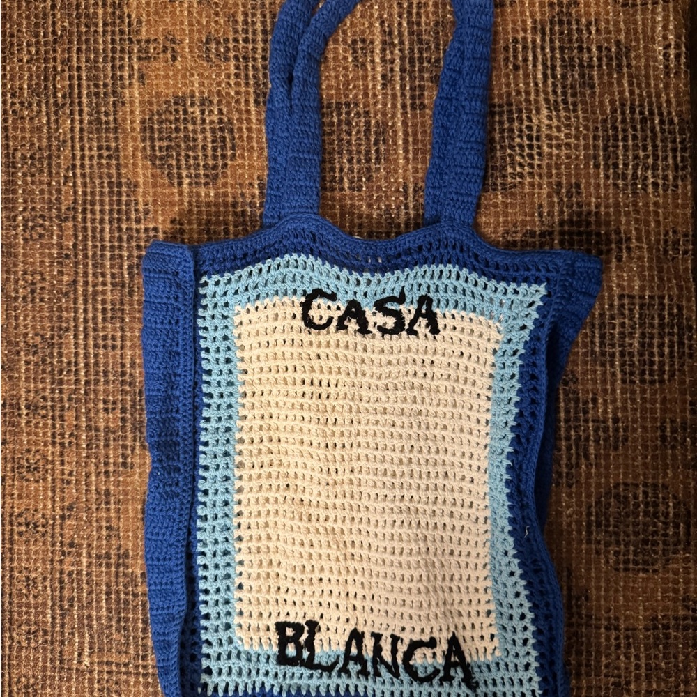 Casablanca-Crochet Tote Bag in Blue and Cream